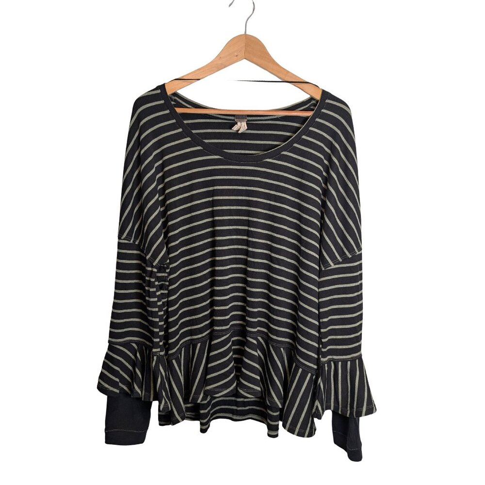 We The Free People Women's Large Blouse Stripe Peplum Ruffle Sleeve Top